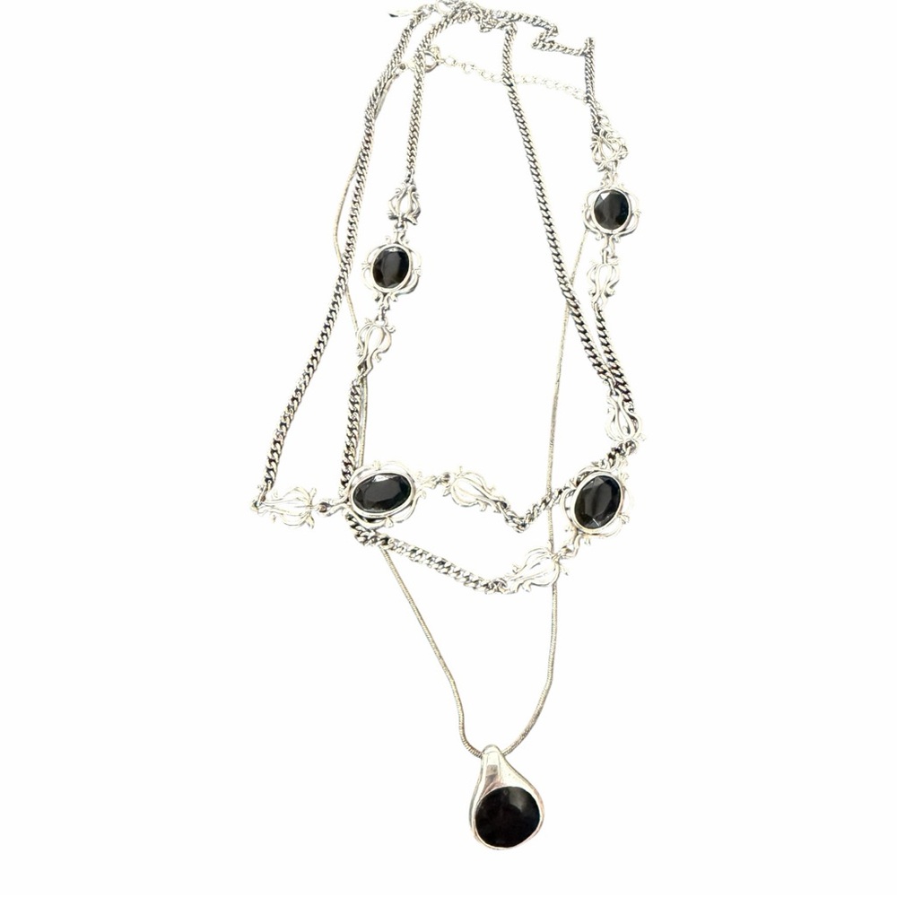 Vintage Black Stone Silver Tone Necklace Set Station Necklace + Pendant 259 - Picture 7 of 7